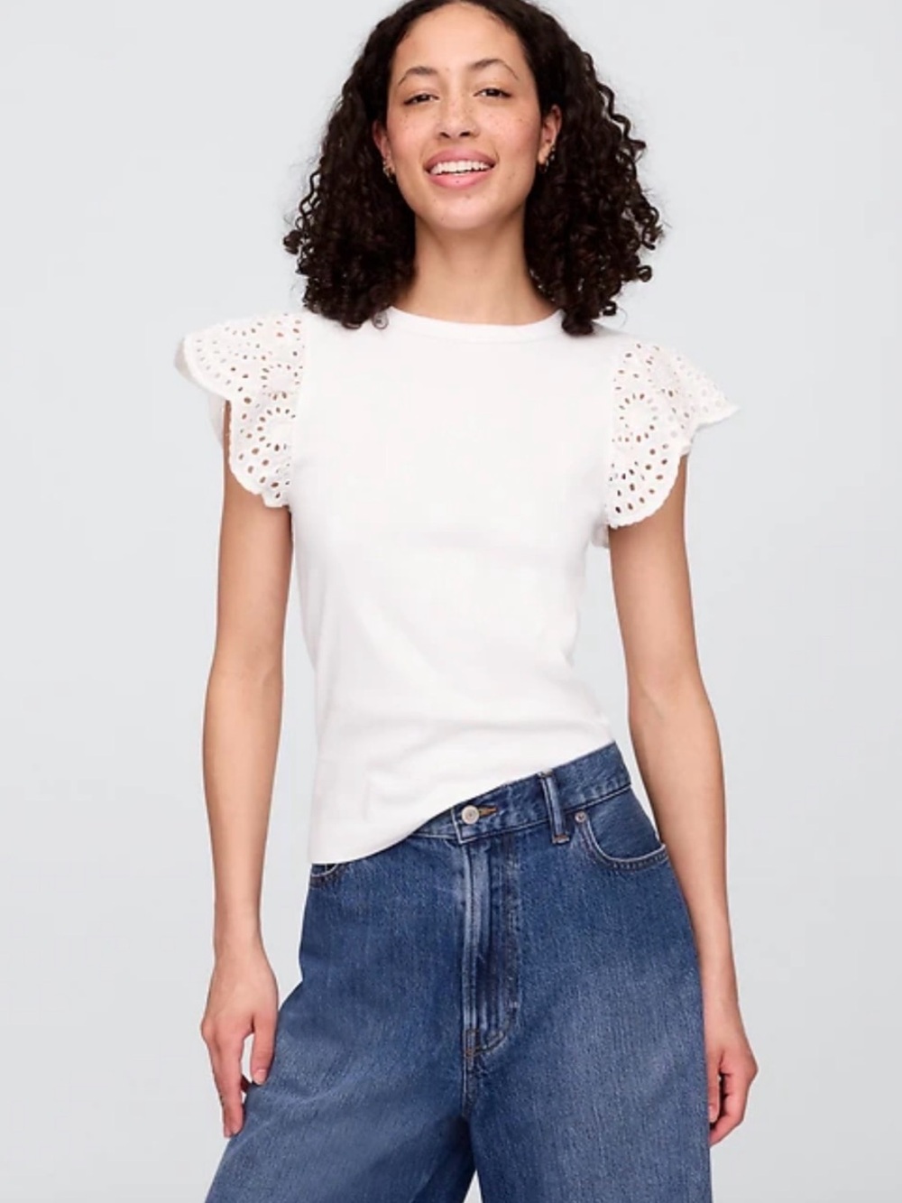 NWOT | Sz M | Gap White Ribbed Knit Eyelet Flutter Sleeve Top Tee Shirt